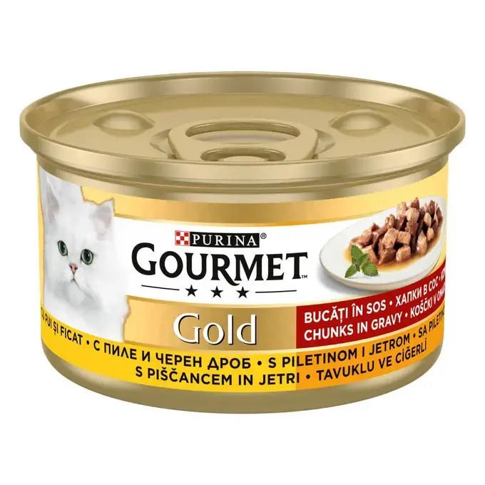 GOURMET Gold Tavuk ve Ciğer Parçalı Soslu Yaş Kedi Maması 85 gr
